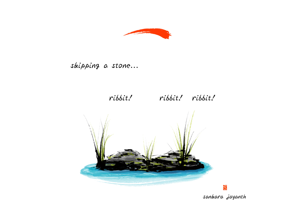 skipping a stone haiga