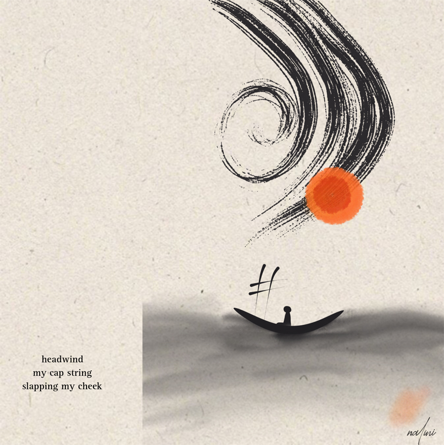 Nalini Shetty haiga of small boat in a headwind under red sun