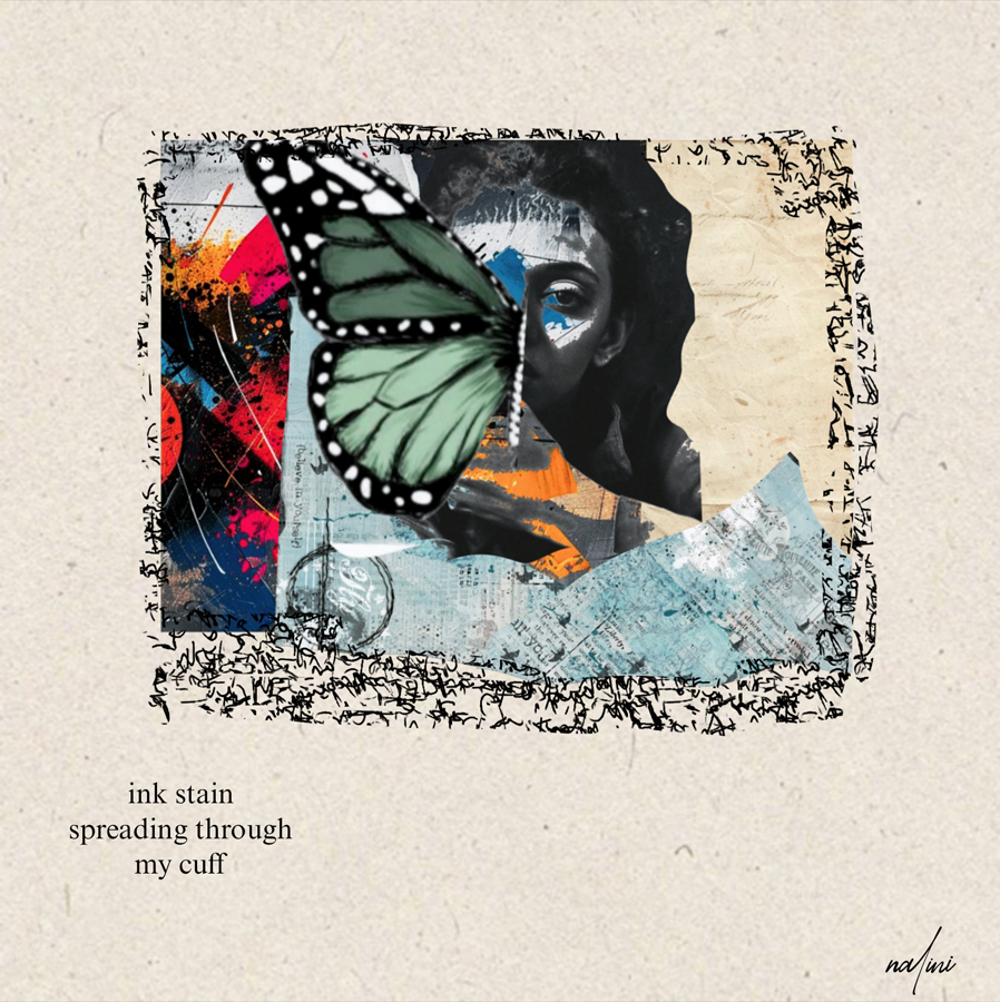Nalini Shetty haiga collage with ink stain haiku
