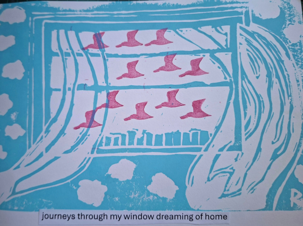 Robyn Cairns haiga of birds in flight